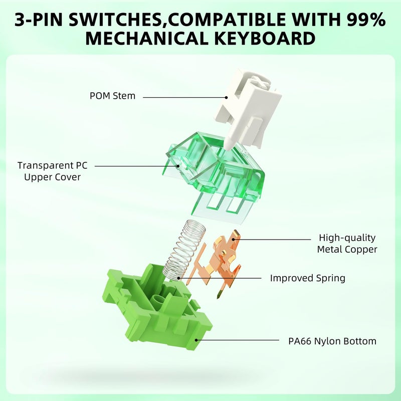 Magic-Refiner x Jelly Green Switches for Mechanical Keyboard DIY, 45gf Linear Keyswitch 3 Pins, Factory Pre Lubed with POM Stem Compatible for MX Mechanical Keyboard Switch Set (100PCS) - Image 3